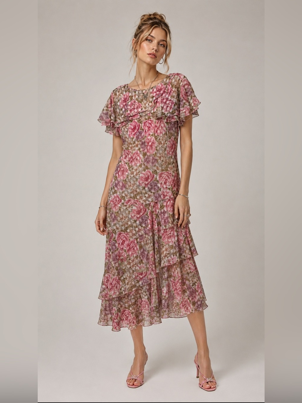 Parra Y2K Vintage Pink Rose Floral Ruffle Midi Dress Romantic Fair NWOT SIZE 16